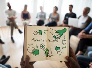 A person holds an open book illustrating mental health concepts like discussion, love, and problem-solving, amidst a group discussion.
