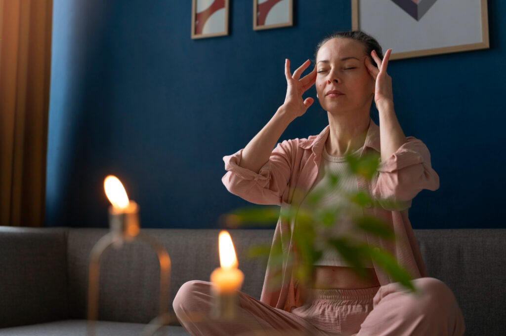 A person in a pink outfit sits on a gray couch, surrounded by candles and plants, deep in thought against a blue wall.