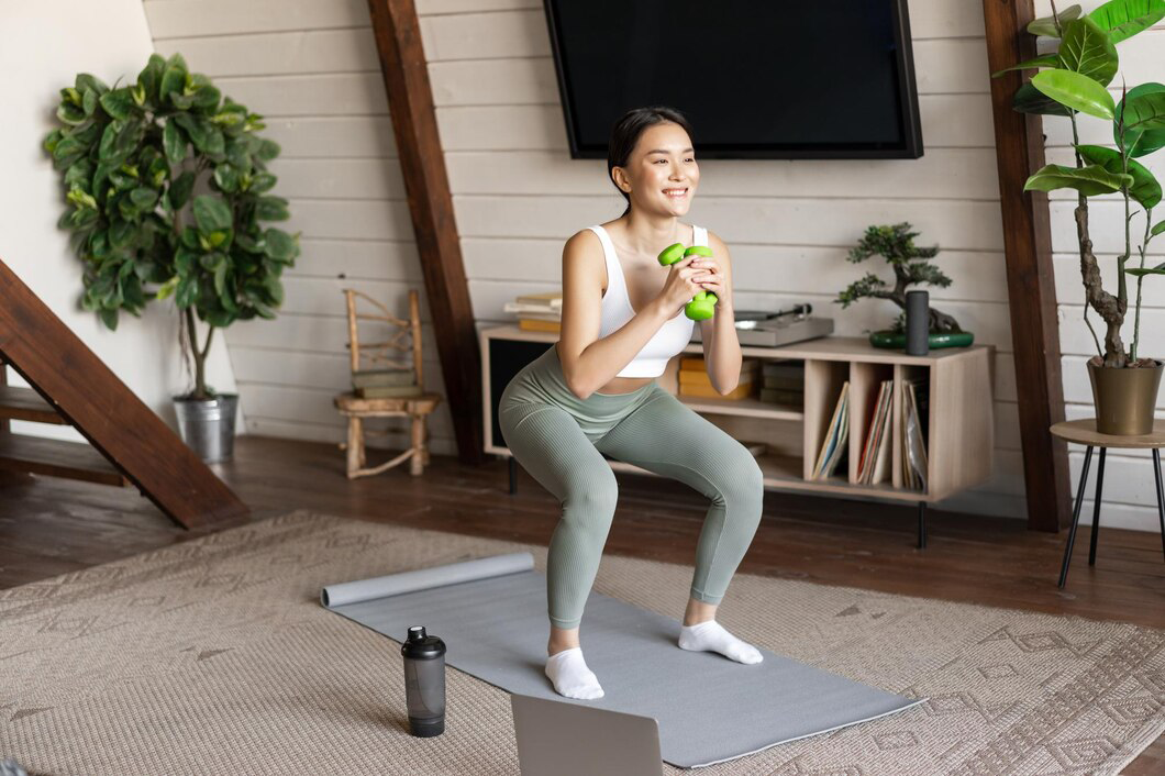 person performs squats on an exercise mat, holding green dumbbells